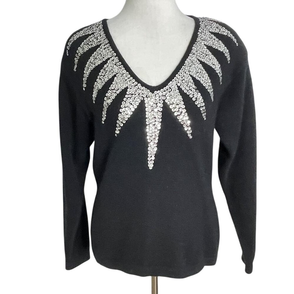 Vtg 80s  CACHE Black  Wool Angora Blend  Silver Embellished Sweater size Large